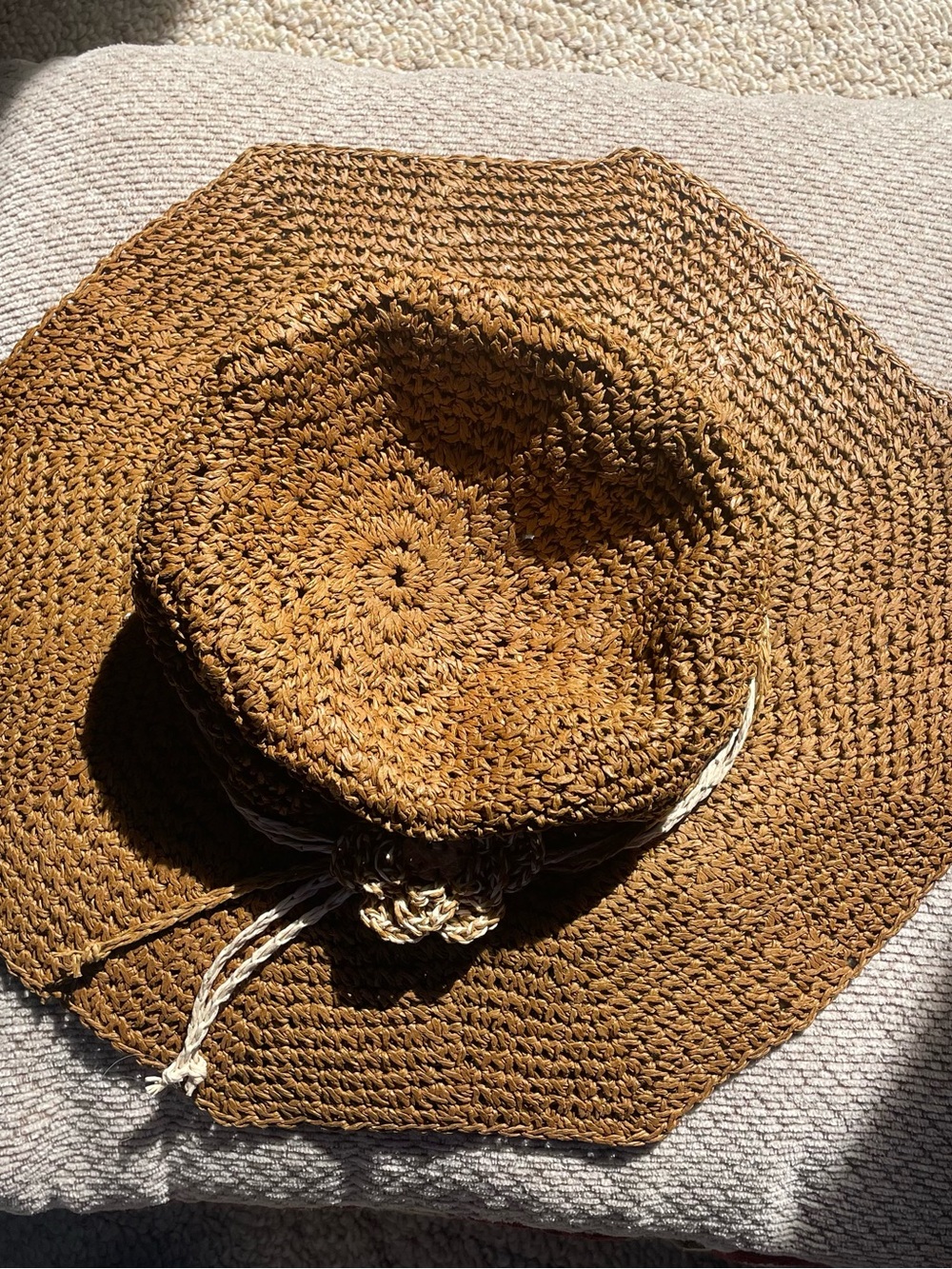 Brown Woven Sun Hat with Cream Flower Accent - Picture 3 of 6